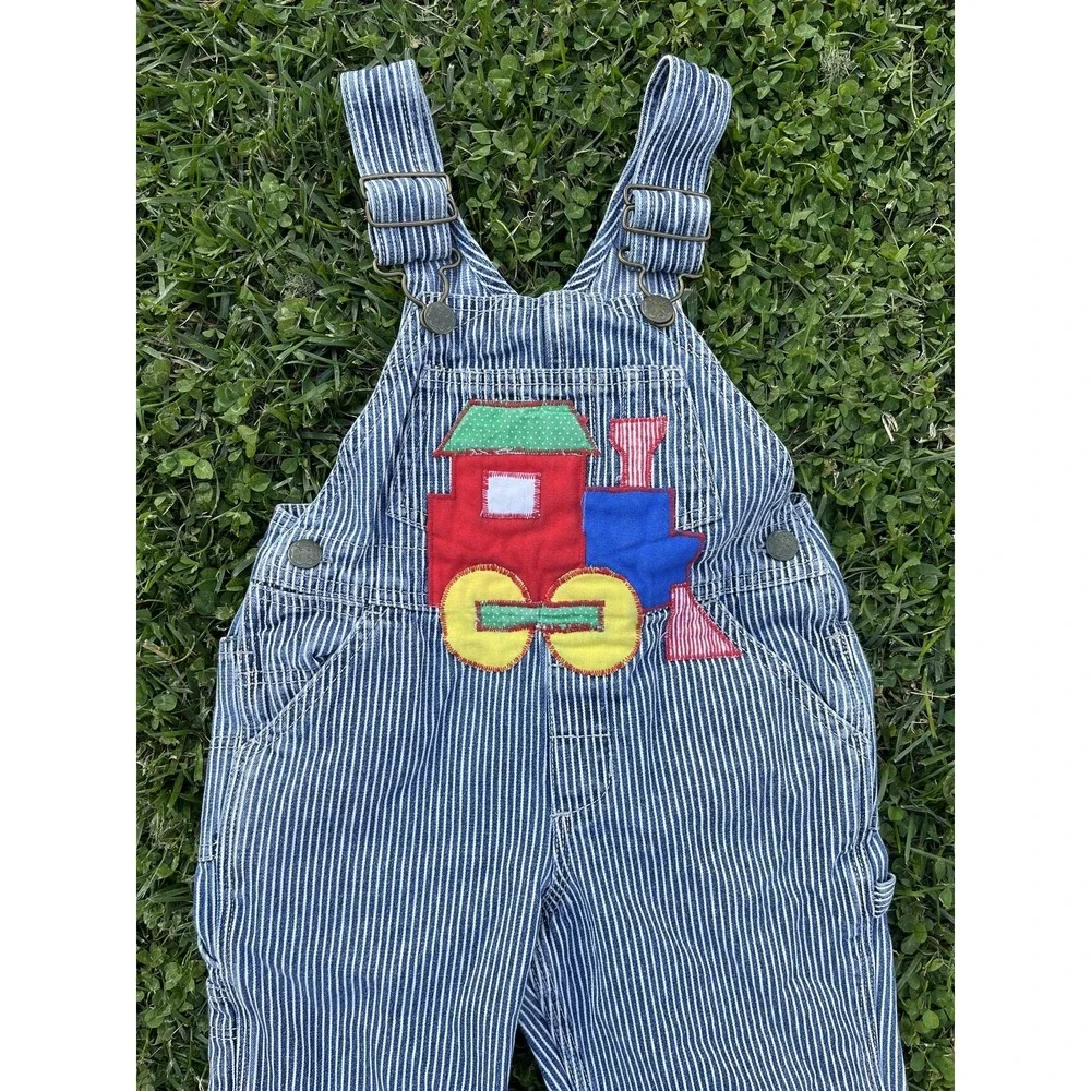Vintage Tracey Designs Overalls Kids 3 Striped Denim Train Applique Engineer